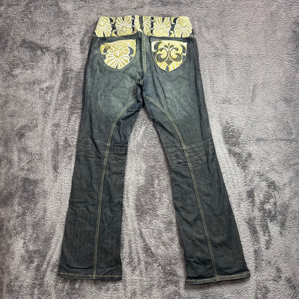 Dereon Womens Dark Wash Embroidered Flare Jeans Gold White Y2K Size 9/10